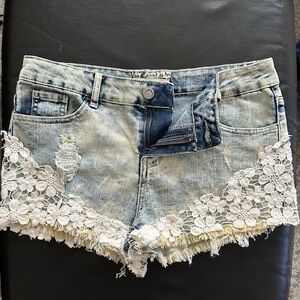 Hot Kiss Blue and White Jean Shorts with Lace Detail